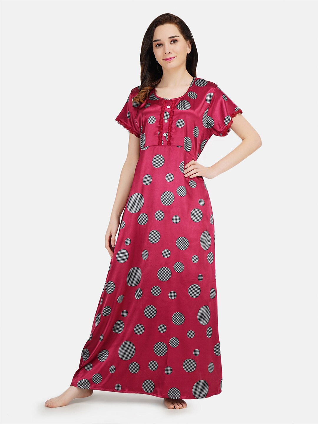 

KOI SLEEPWEAR Woman Maroon Satin Printed Maxi Nightdress
