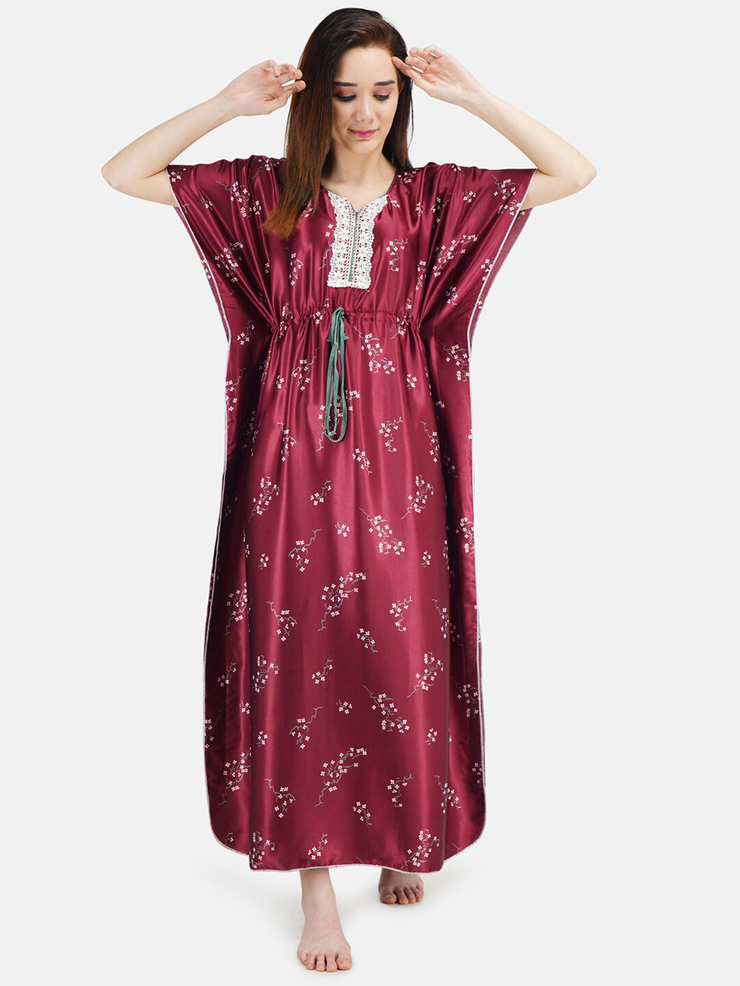 

KOI SLEEPWEAR Maroon Floral Printed Maxi Kaftan Nightdress