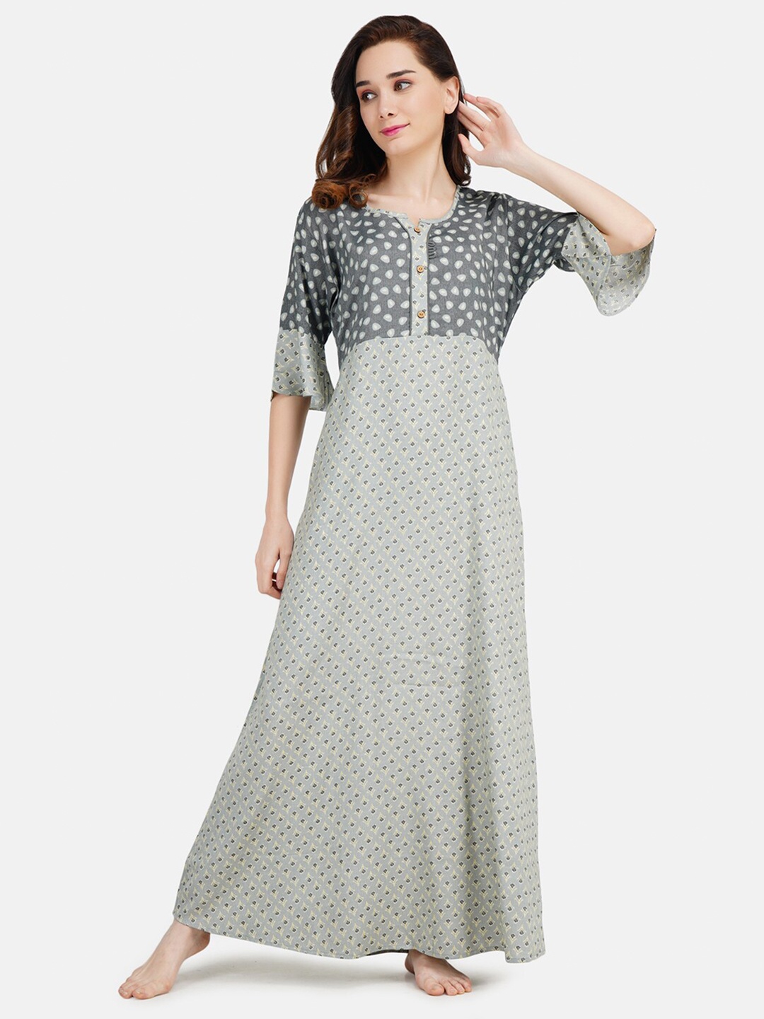 

KOI SLEEPWEAR Grey Polka Dotted Maxi Night Frock with Bell Sleeves