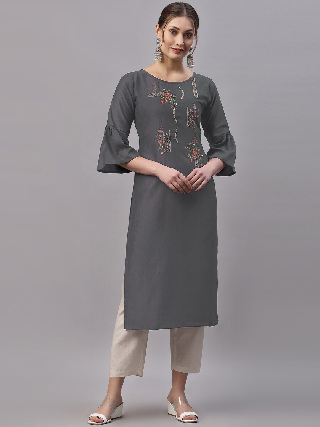 

KALINI Women Charcoal Floral Embroidered Bell Sleeves Thread Work Kurta