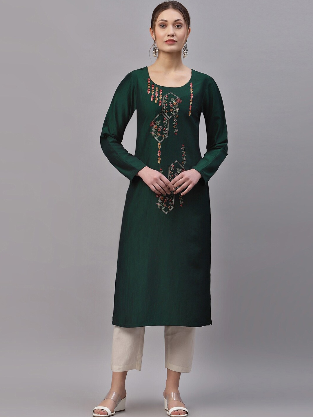 

KALINI Women Green Embroidered Straight Kurta