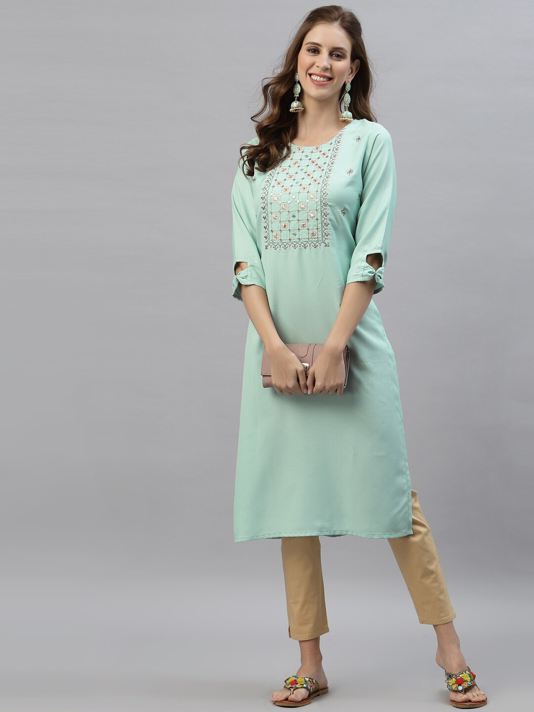 

KALINI Women Sea Green Ethnic Motifs Embroidered Mirror Work Kurta