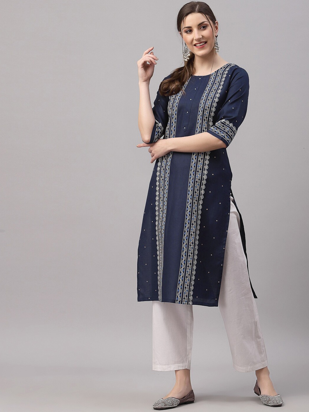 

KALINI Women Navy Blue Floral Cotton Printed Kurta