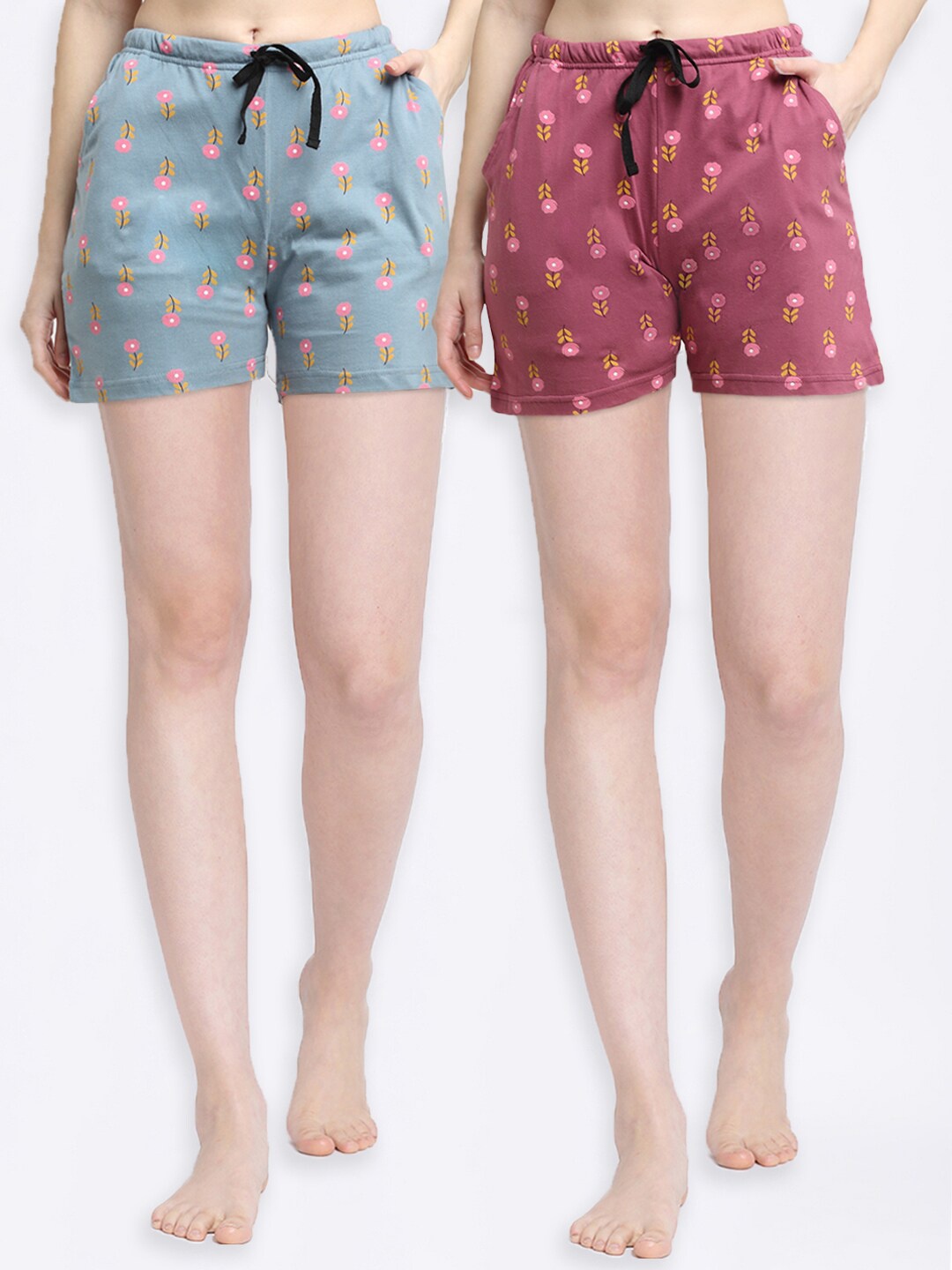 

Kanvin Women Green & Pink Set Of 2 Printed Cotton Lounge Shorts