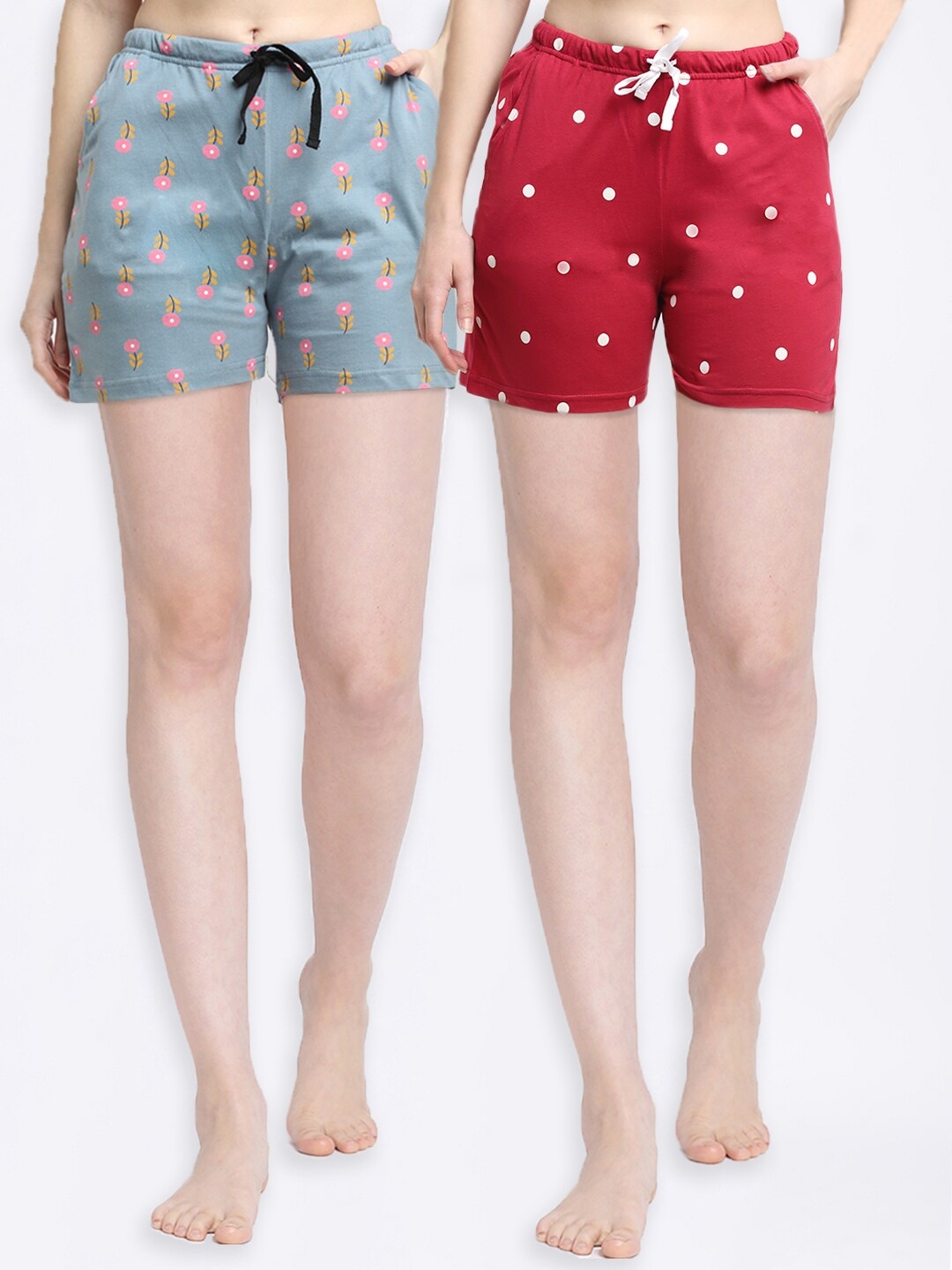 

Kanvin Women Pack of 2 Green & Red Printed Pure Cotton Lounge Shorts