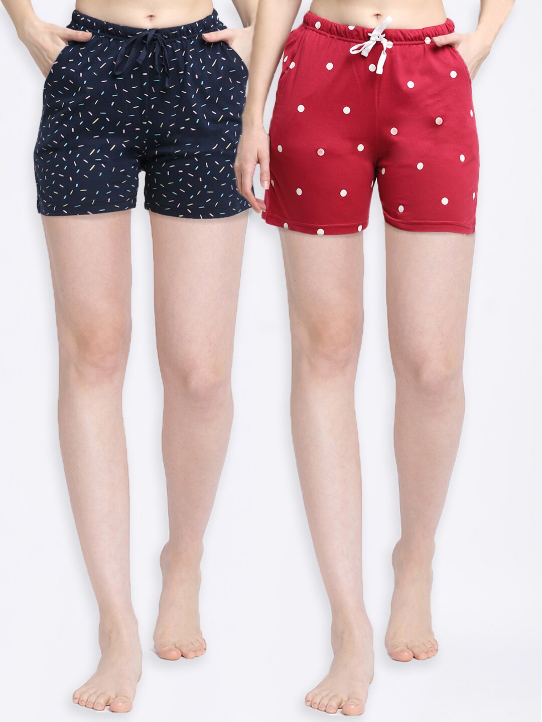 

Kanvin Women Pack of 2 Navy Blue & Red Printed Lounge Shorts