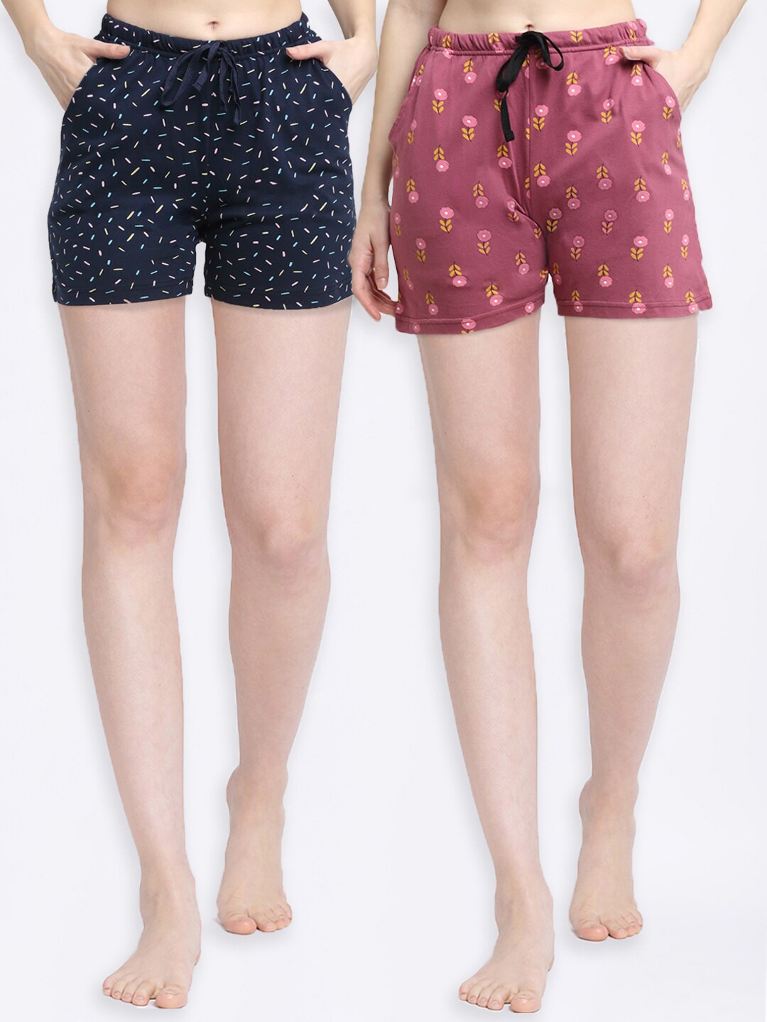 

Kanvin Women Navy Blue & Pink Set of 2 Printed Cotton Lounge Shorts