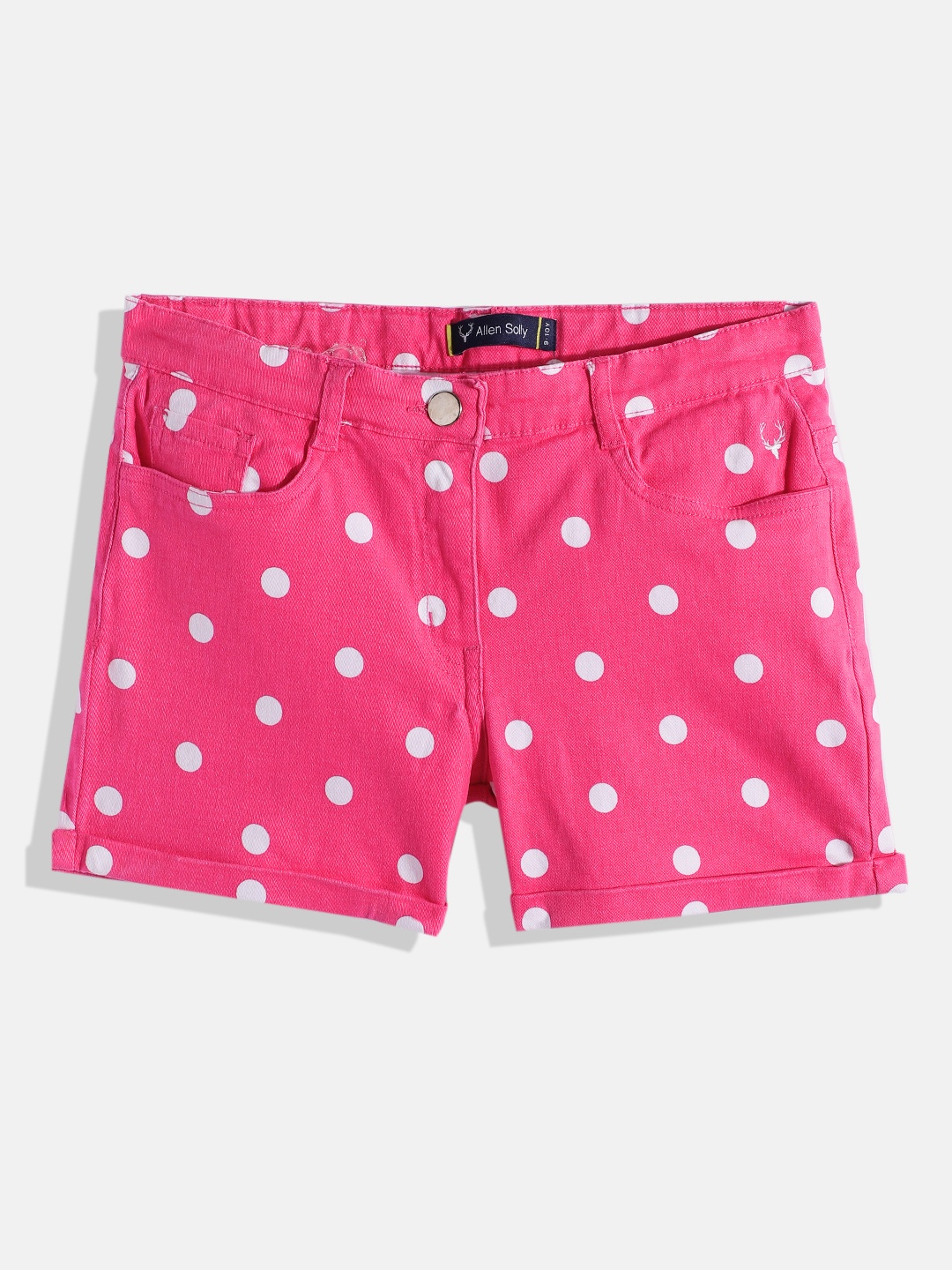 

Allen Solly Junior Girls Magenta Pink & White Polka Dots Print Mid-Rise Denim Shorts