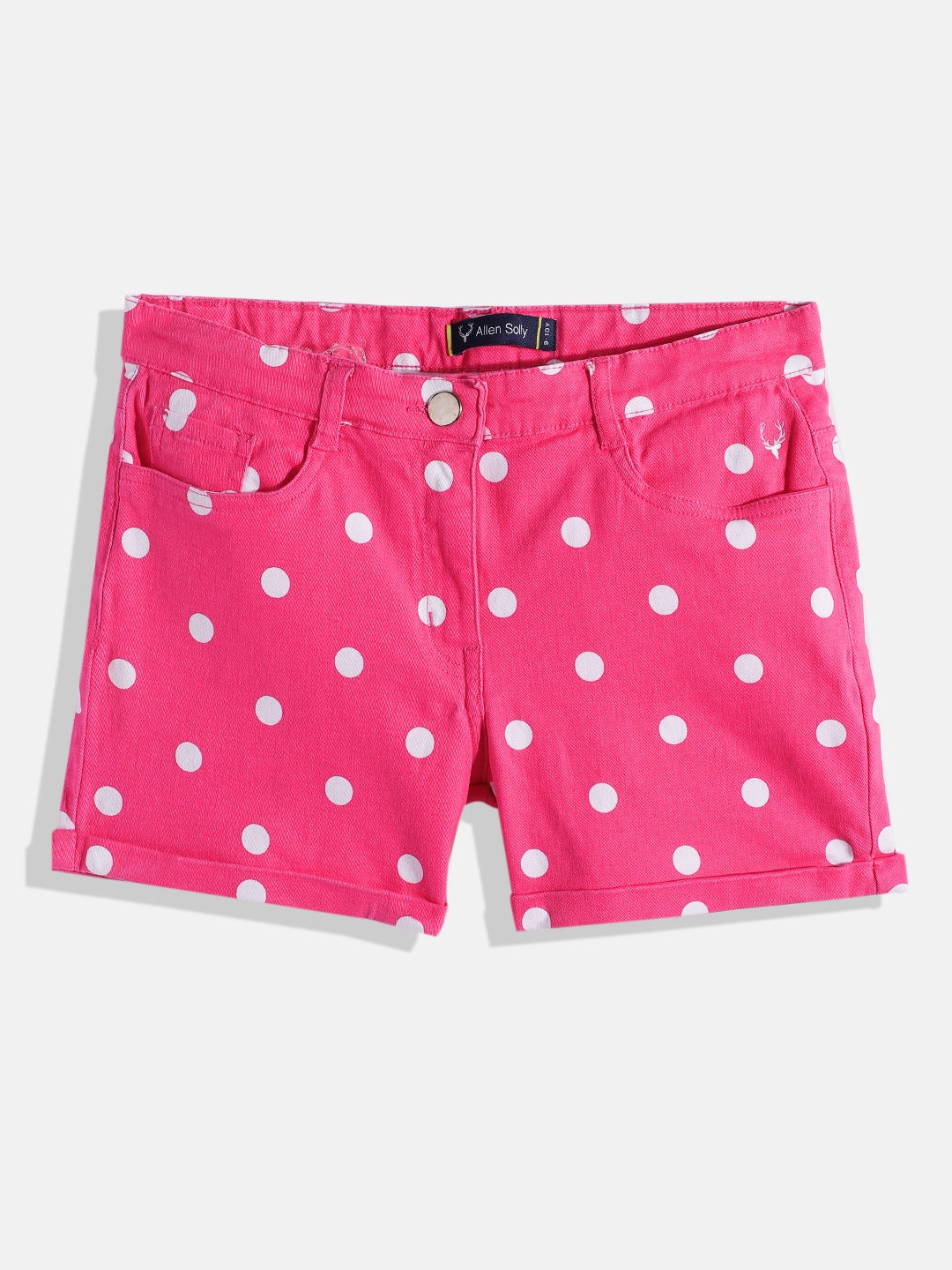 

Allen Solly Junior Girls Magenta Pink Polka Dots Print Regular Fit Mid-Rise Denim Shorts