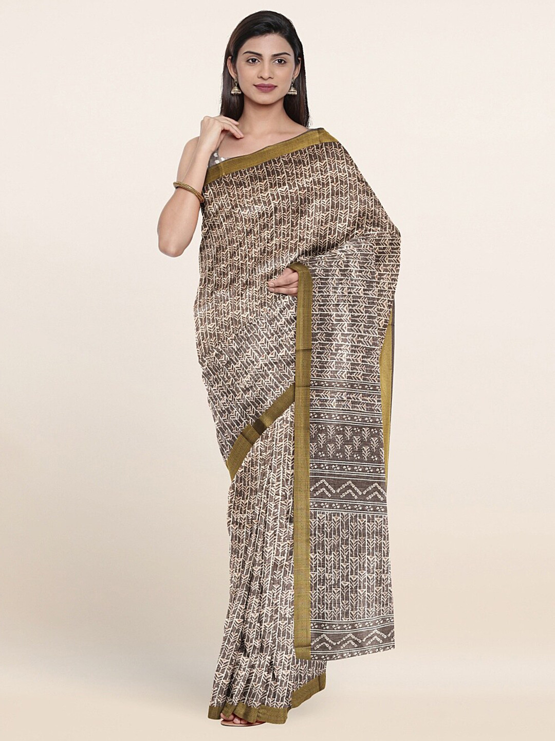 

Pothys Grey & White Abstract Printed Zari Saree