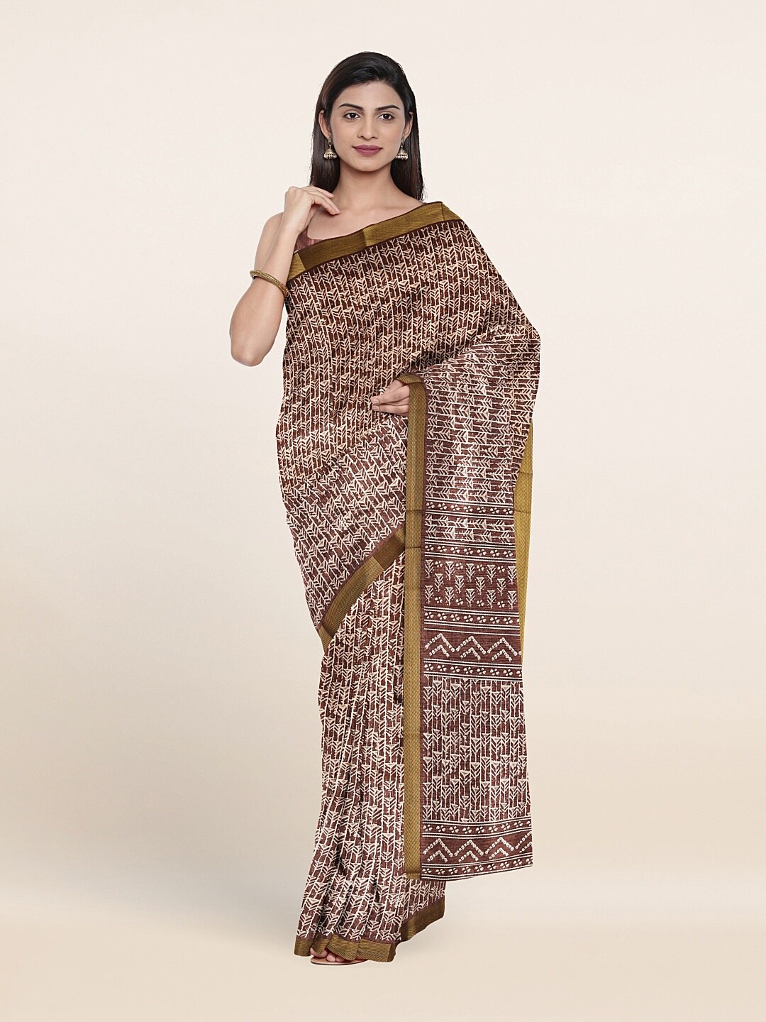 

Pothys Brown & White Printed Cotton Blend Saree