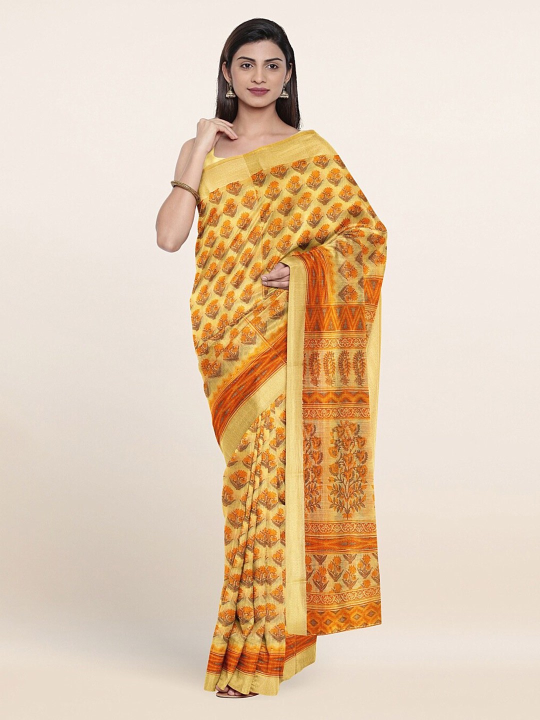 

Pothys Yellow & Orange Floral Printed Cotton Blend Saree