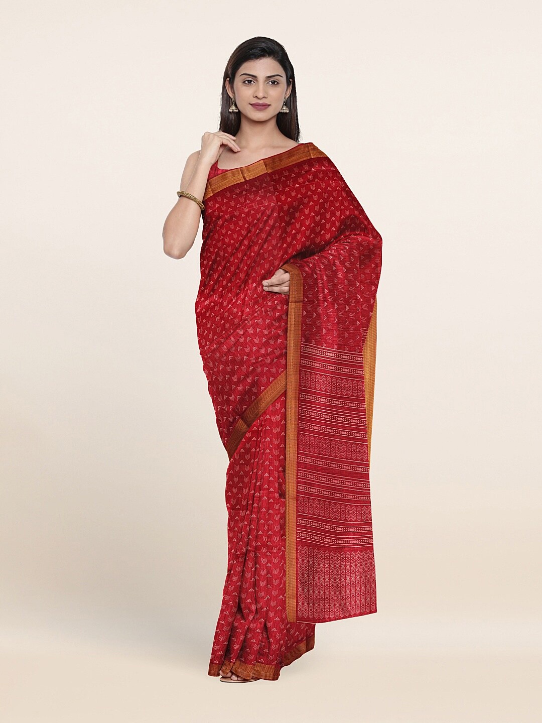 

Pothys Maroon & Gold-Toned Zari Printed Saree