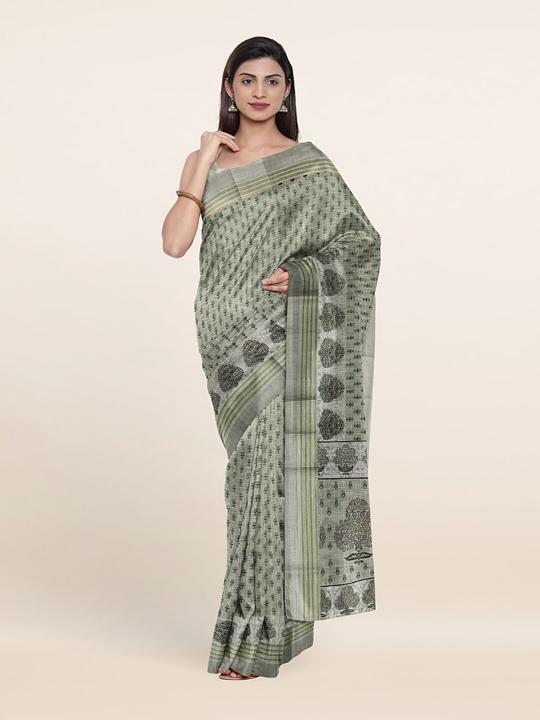 

Pothys Grey & Green Floral Printed Saree