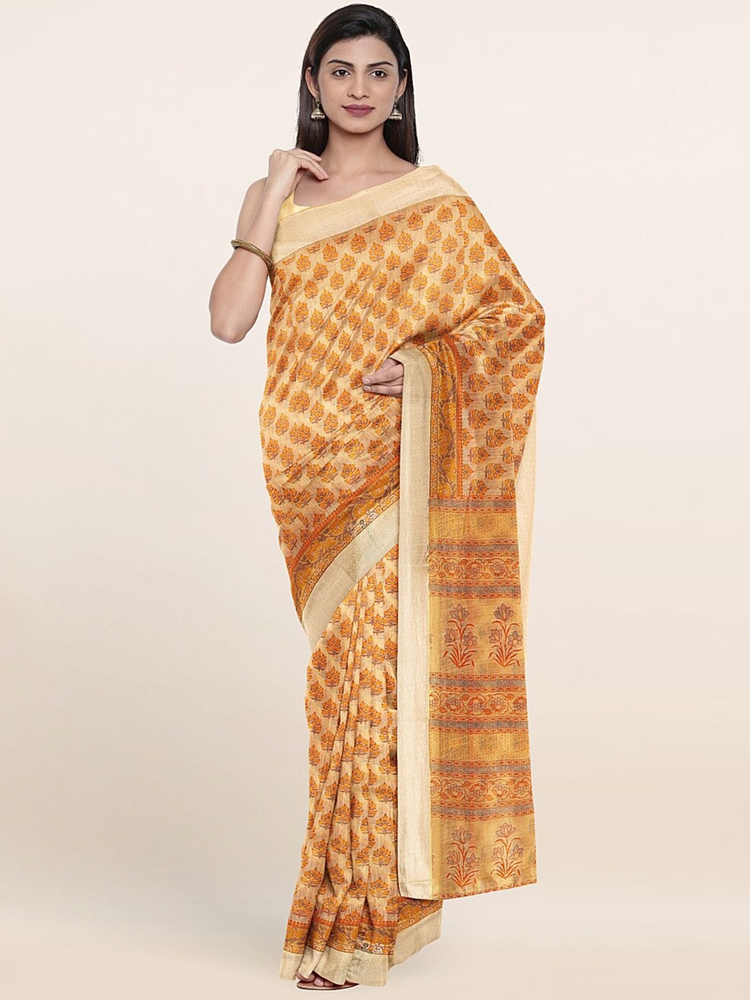 

Pothys Yellow & Orange Floral Zari Saree