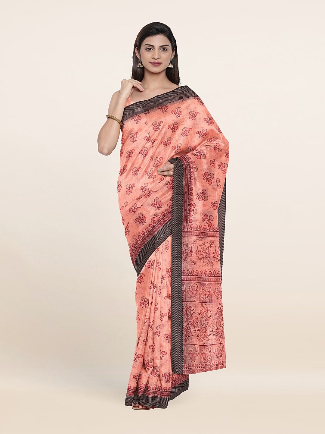 

Pothys Peach-Coloured & Black Floral Saree