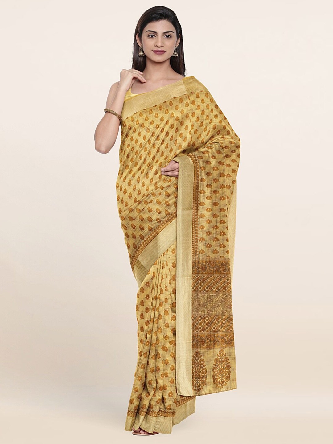 

Pothys Yellow & Brown Ethnic Motifs Printed Zari Saree