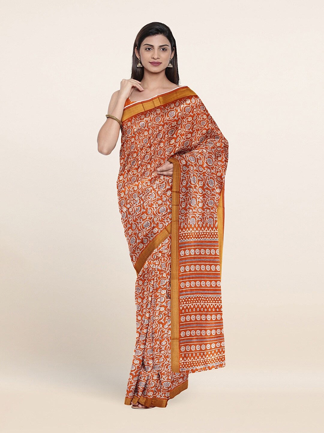 

Pothys Orange & Off White Ethnic Motifs Saree