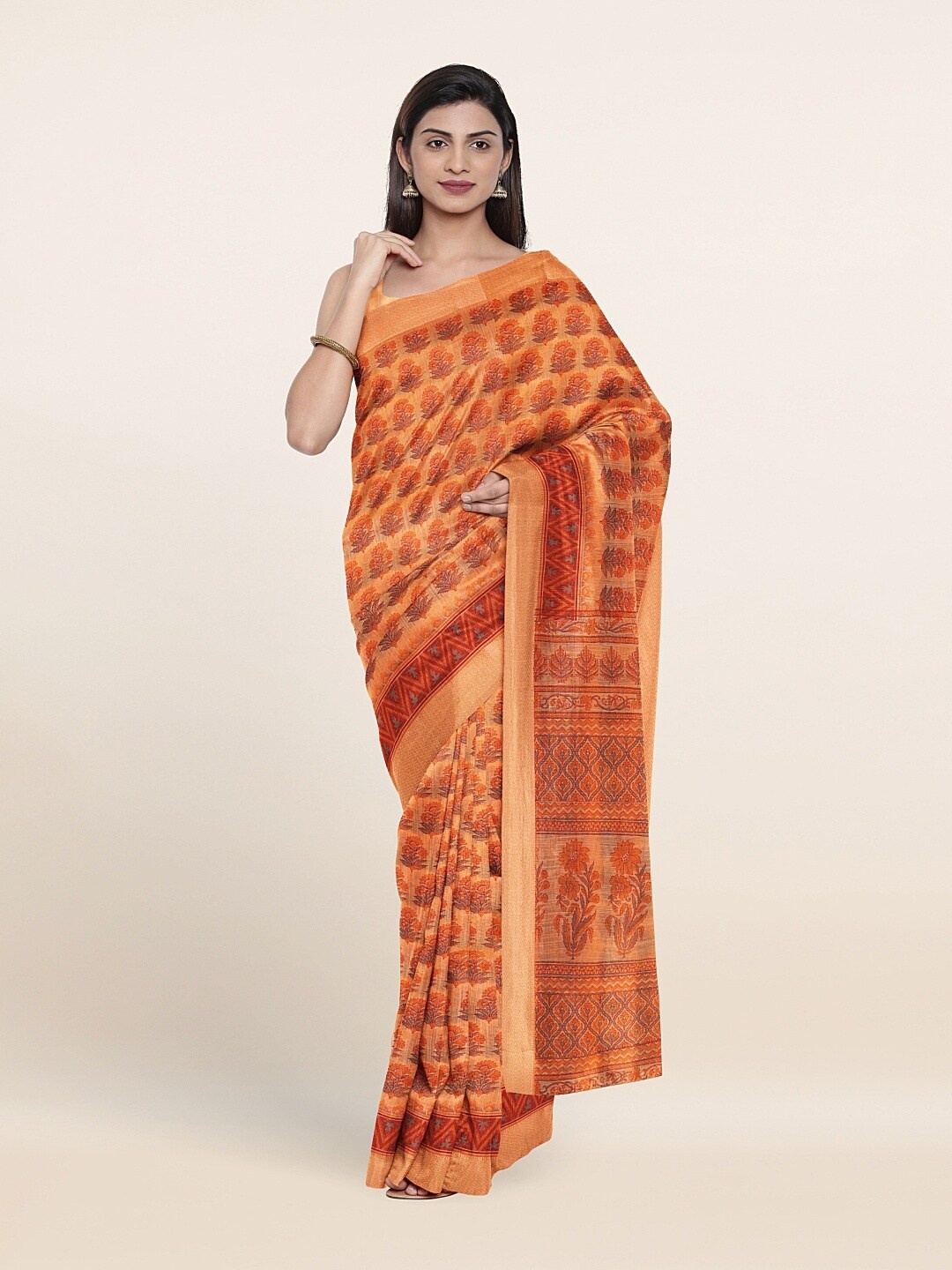 

Pothys Peach-Coloured & Grey Floral Zari Saree