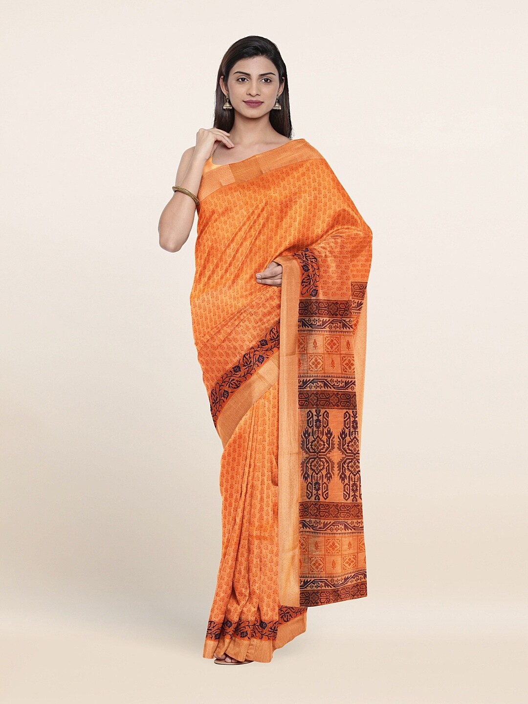 

Pothys Peach-Coloured & Brown Floral Printed Cotton Blend Saree