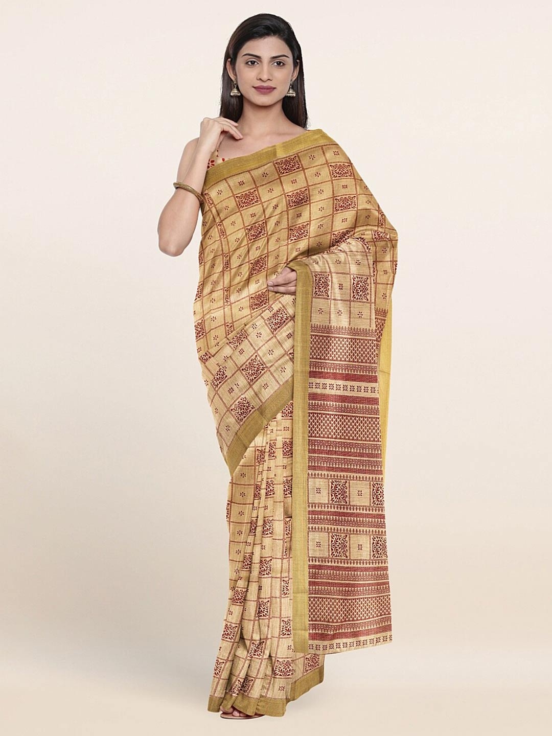 

Pothys Cream-Coloured & Gold-Toned Ethnic Motifs Zari Cotton Blend Saree