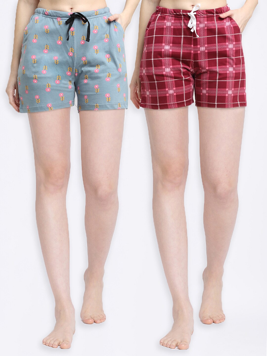

Kanvin Women Pack of 2 Green & Red Printed Pure Cotton Lounge Shorts
