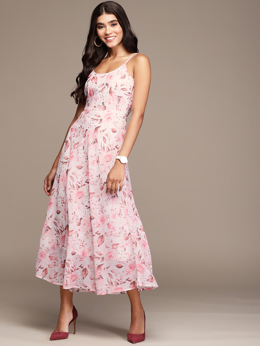 

ZIYAA Off White & Pink Floral Print Maxi Dress