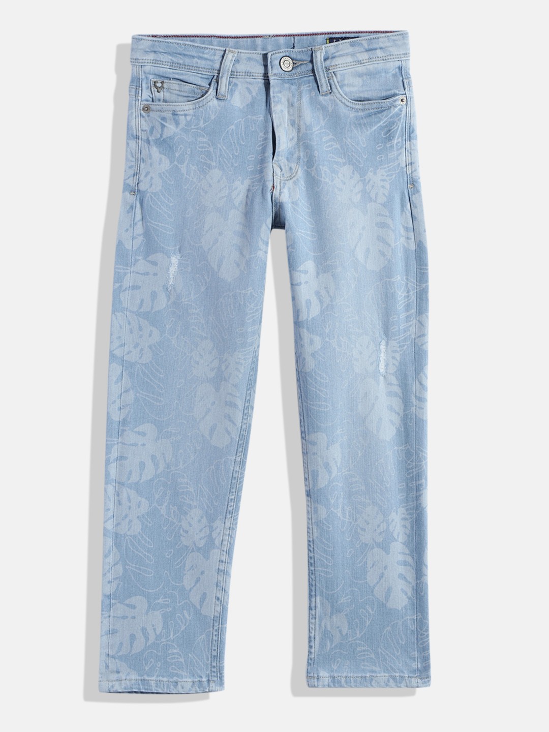 Allen Solly Junior Boys Printed Slim Fit Low Distress Light Fade Stretchable Jeans, Blue