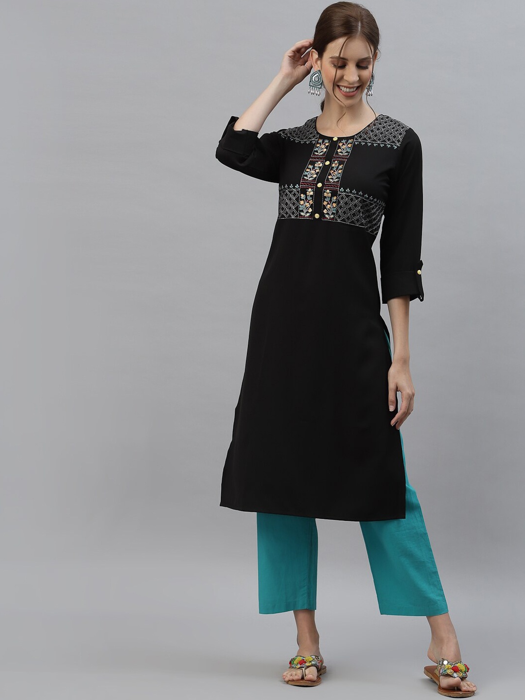 

KALINI Women Black Floral Embroidered Straight Kurta