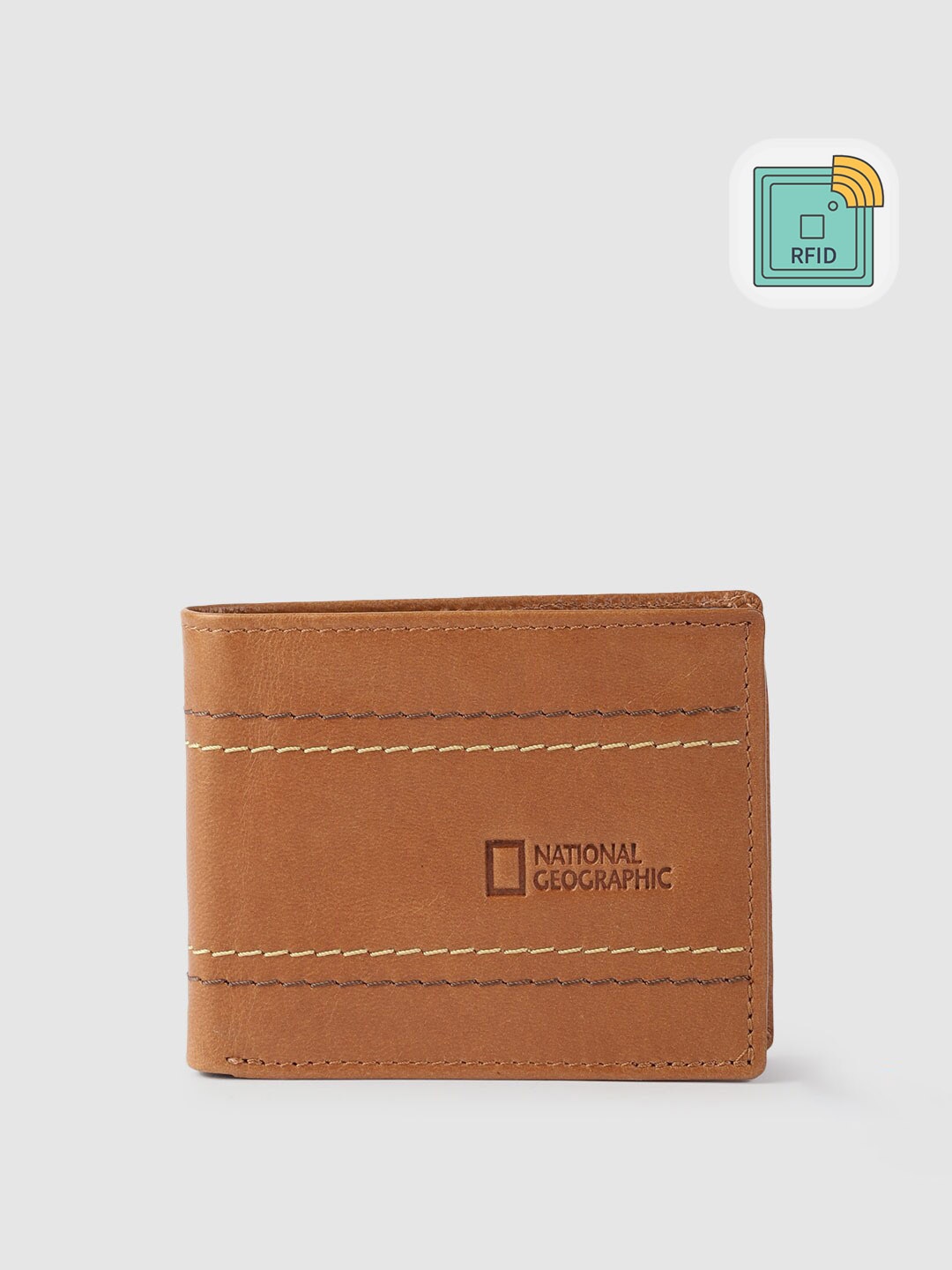 

National Geographic Men Tan Woven Design Leather Two Fold Wallet