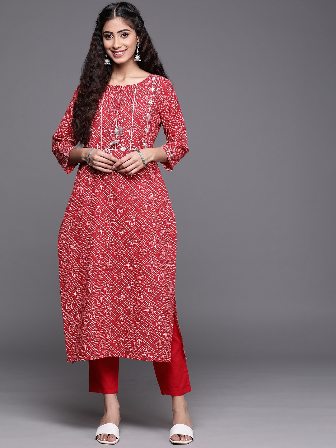 

Varanga Women Red & White Pure Cotton Bandhani Printed Embroidered Detail Kurta