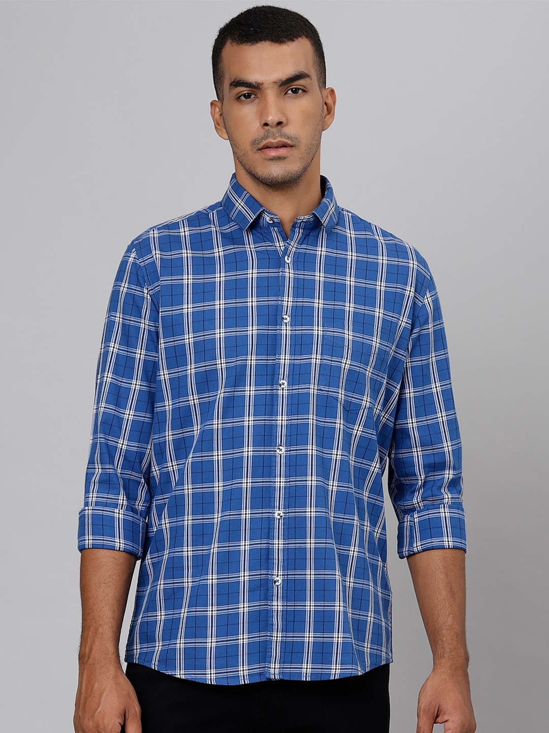 

Richlook Men Blue & White Slim Fit Tartan Checked Pure Cotton Casual Shirt