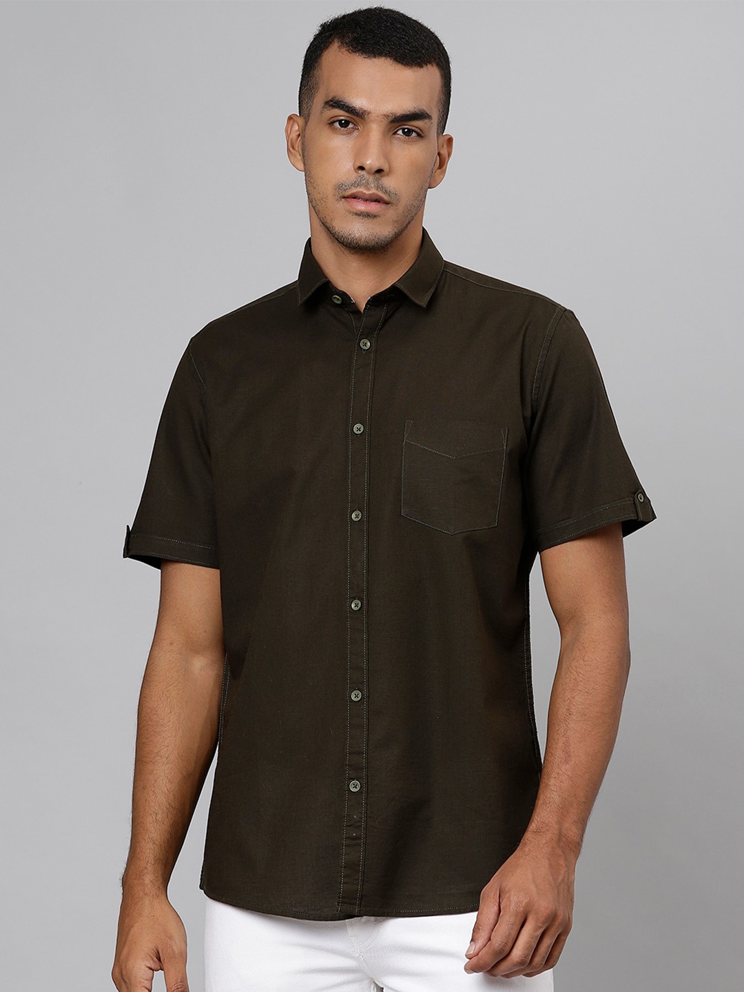 

Richlook Men Olive Green Slim Fit Pure Cotton Casual Shirt