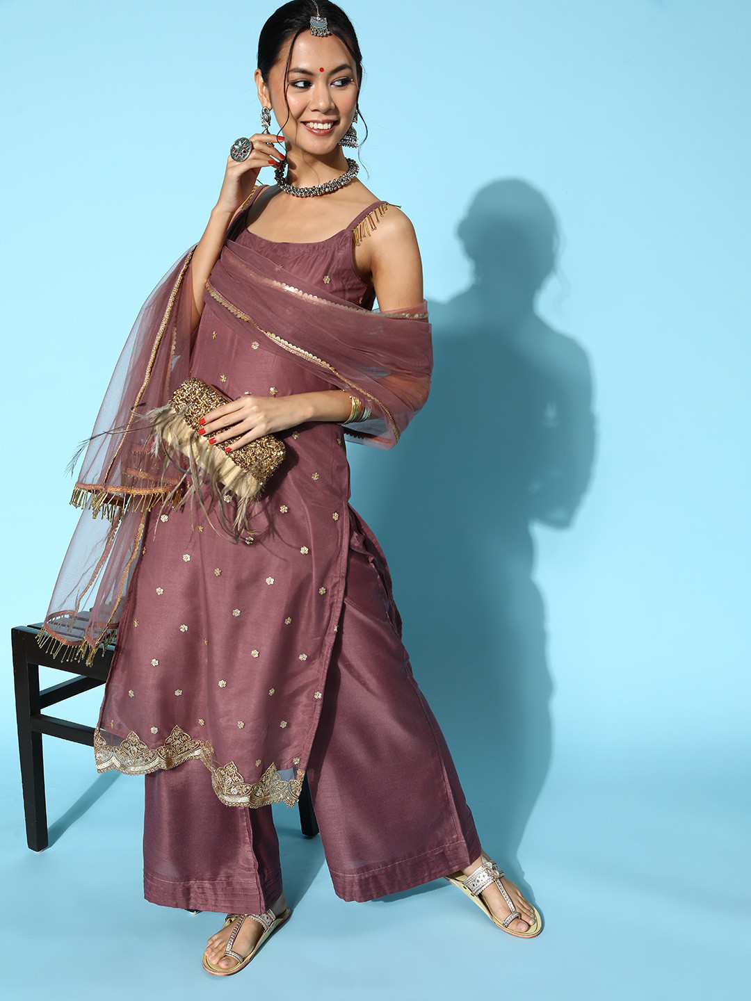 

Inddus Women Floral Net Bling it On Kurta Set, Mauve