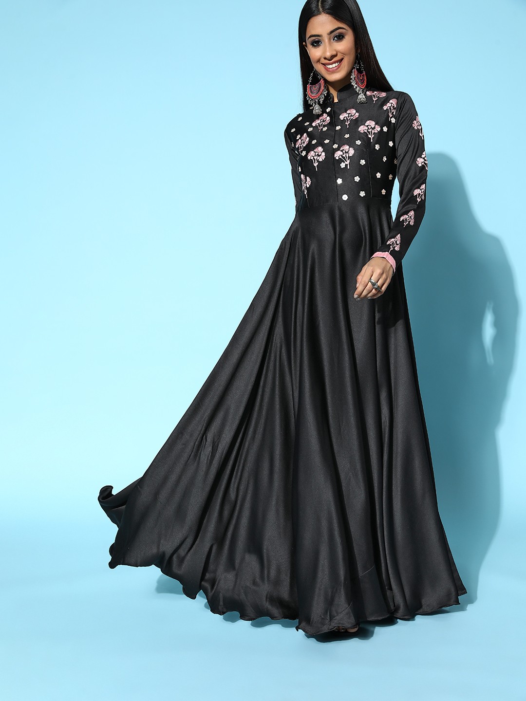 

Inddus Women Black Ethnic Motifs Ethereal Embroidery Dress
