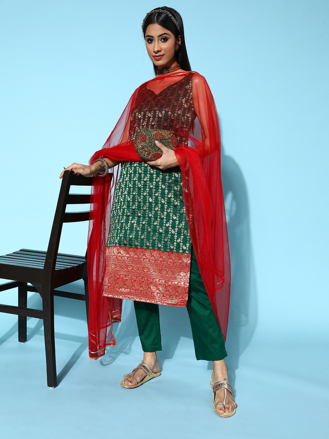 

Inddus Women Woven Design Silk Blend Ethereal Embroidery Kurta Set, Green