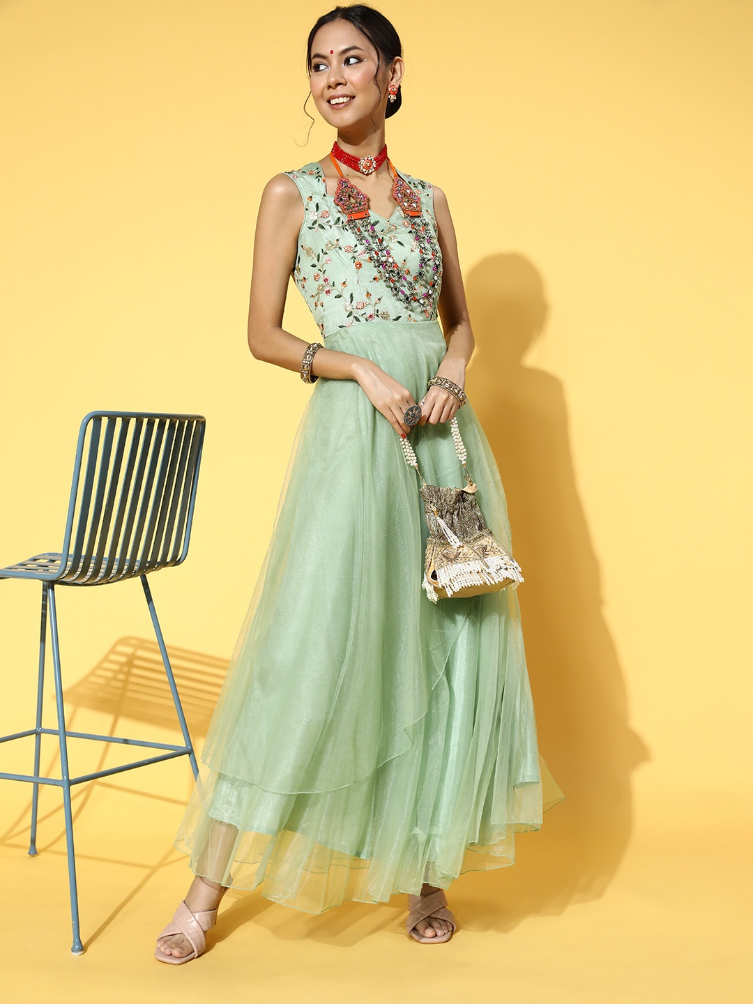 

Inddus Women Stylish Green Floral Ethereal Embroidery Dress