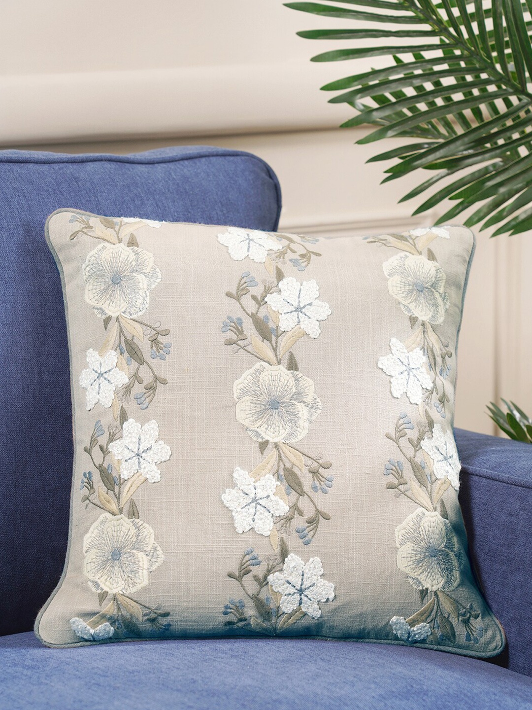

Pure Home and Living Beige & Grey Floral Embroidered Cotton Square Cushion Cover