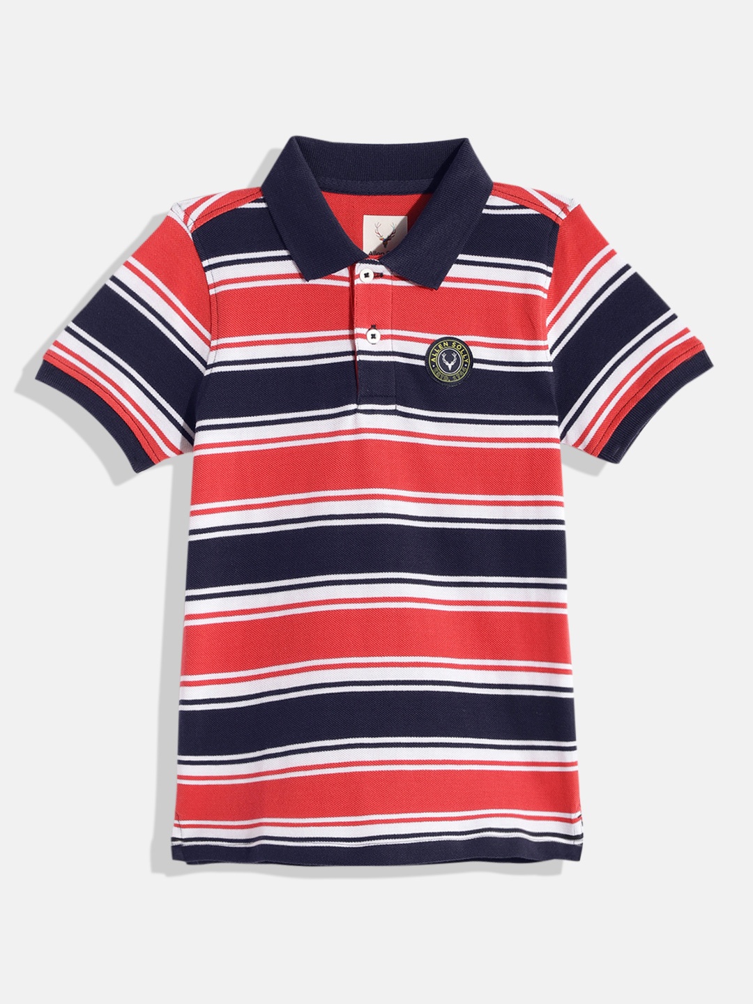 

Allen Solly Junior Boys Red & Navy Blue Striped Pure Cotton T-shirt