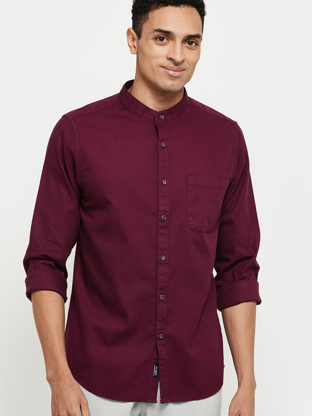 

max Men Red Mandarin Collar Pure Cotton Casual Shirt