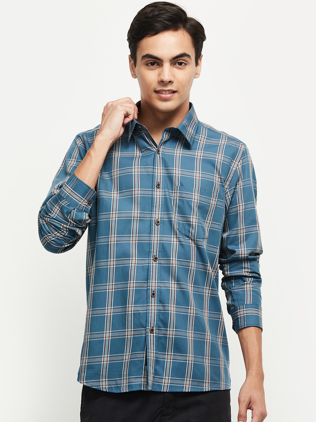 

max Men Blue Tartan Checks Checked Casual Shirt 100% COTTON
