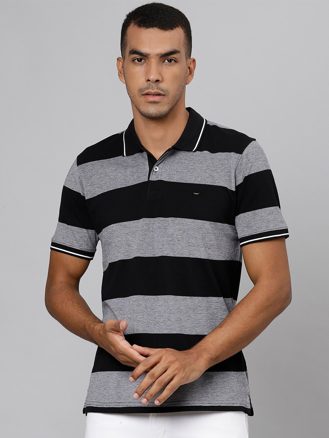 

Richlook Men Black Striped Polo Collar Slim Fit T-shirt
