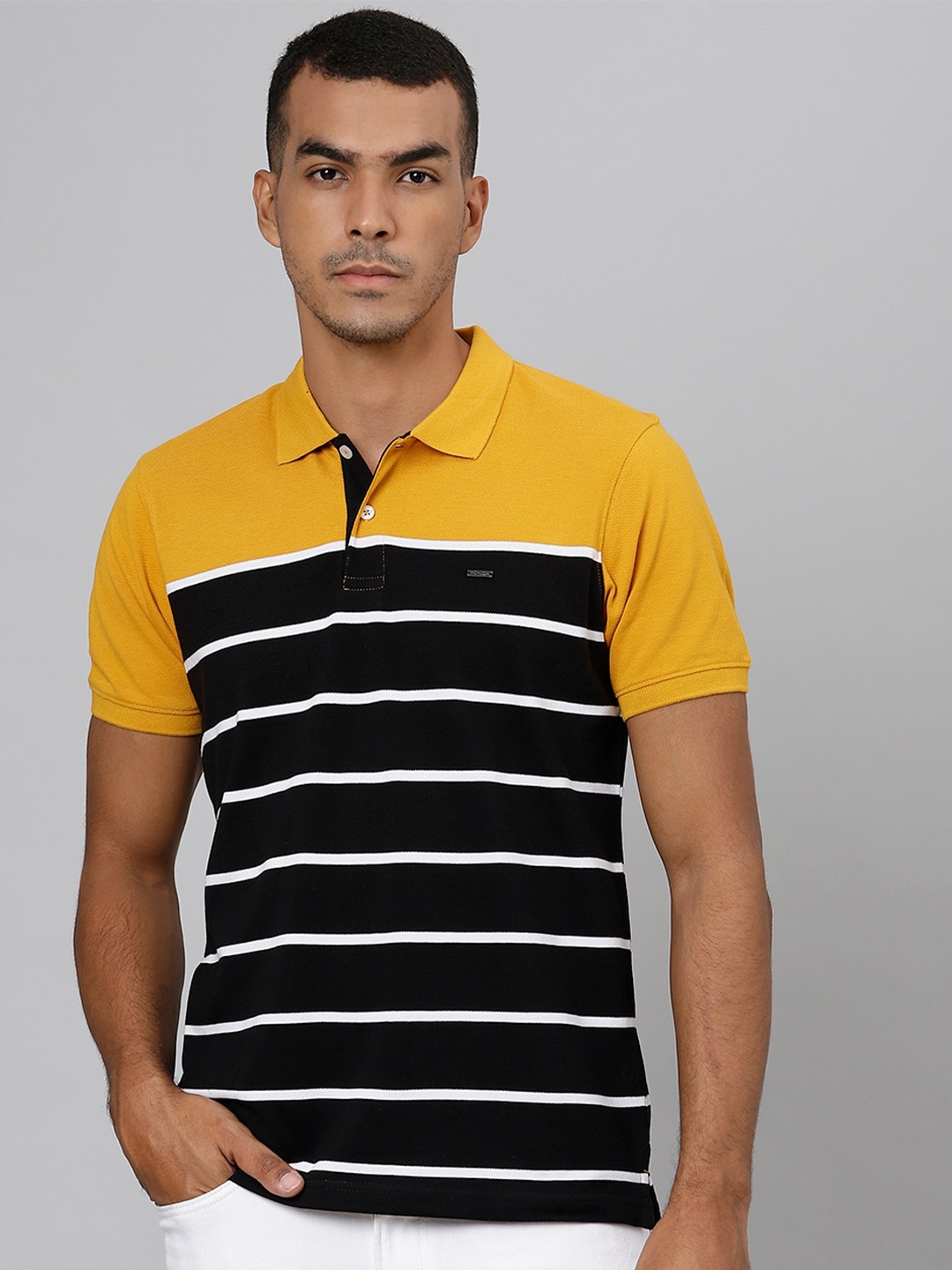 

Richlook Men Mustard Yellow & Black Striped Polo Collar T-shirt