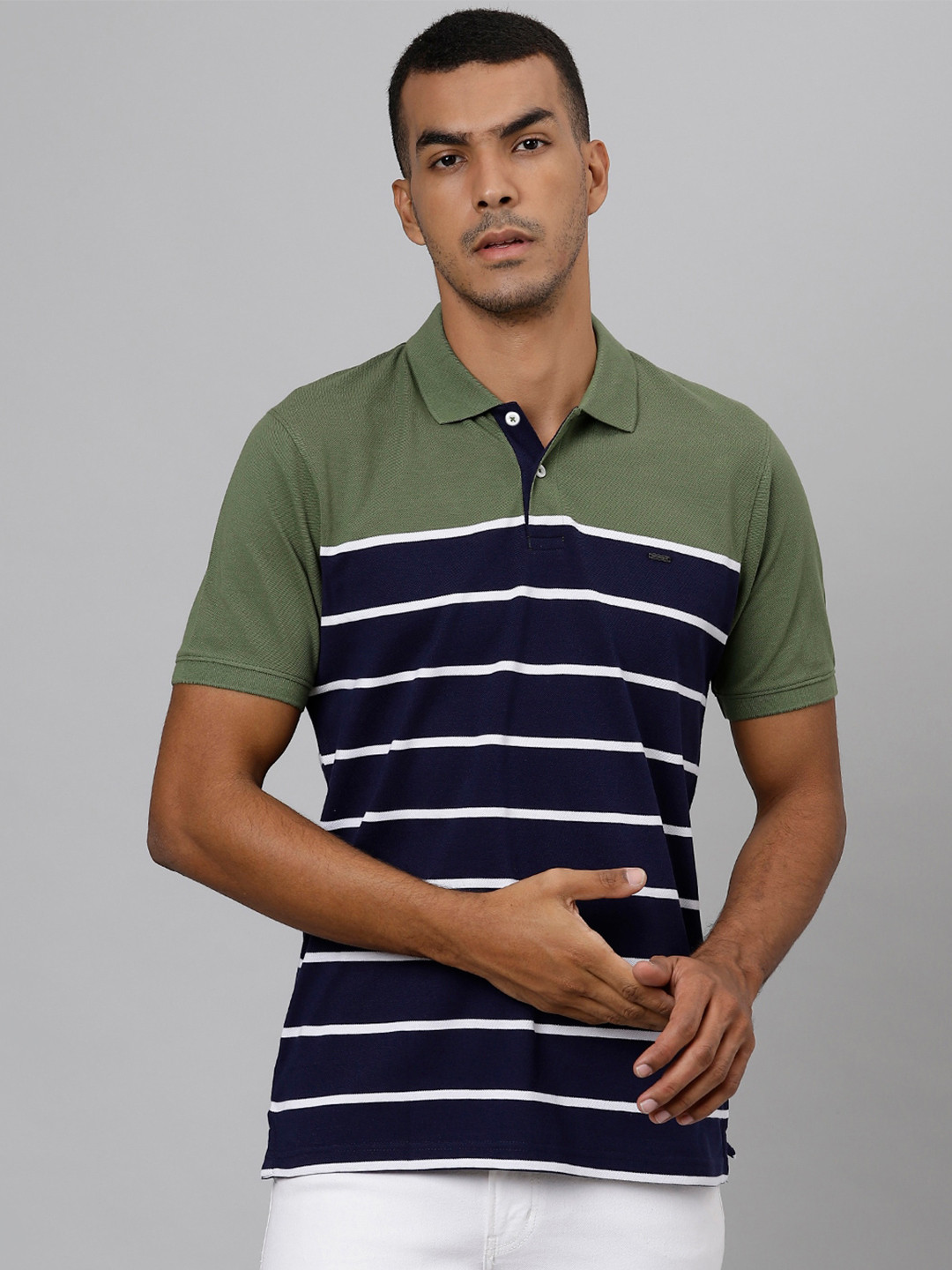 

Richlook Men Olive Green & Navy Blue Striped Polo Collar Slim Fit T-shirt