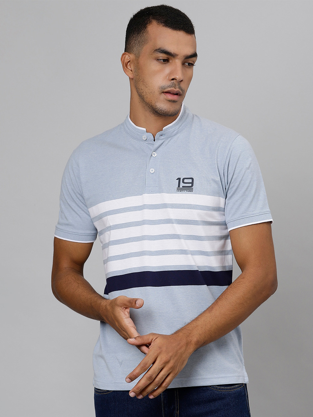 

Richlook Men Blue Striped Slim Fit T-shirt