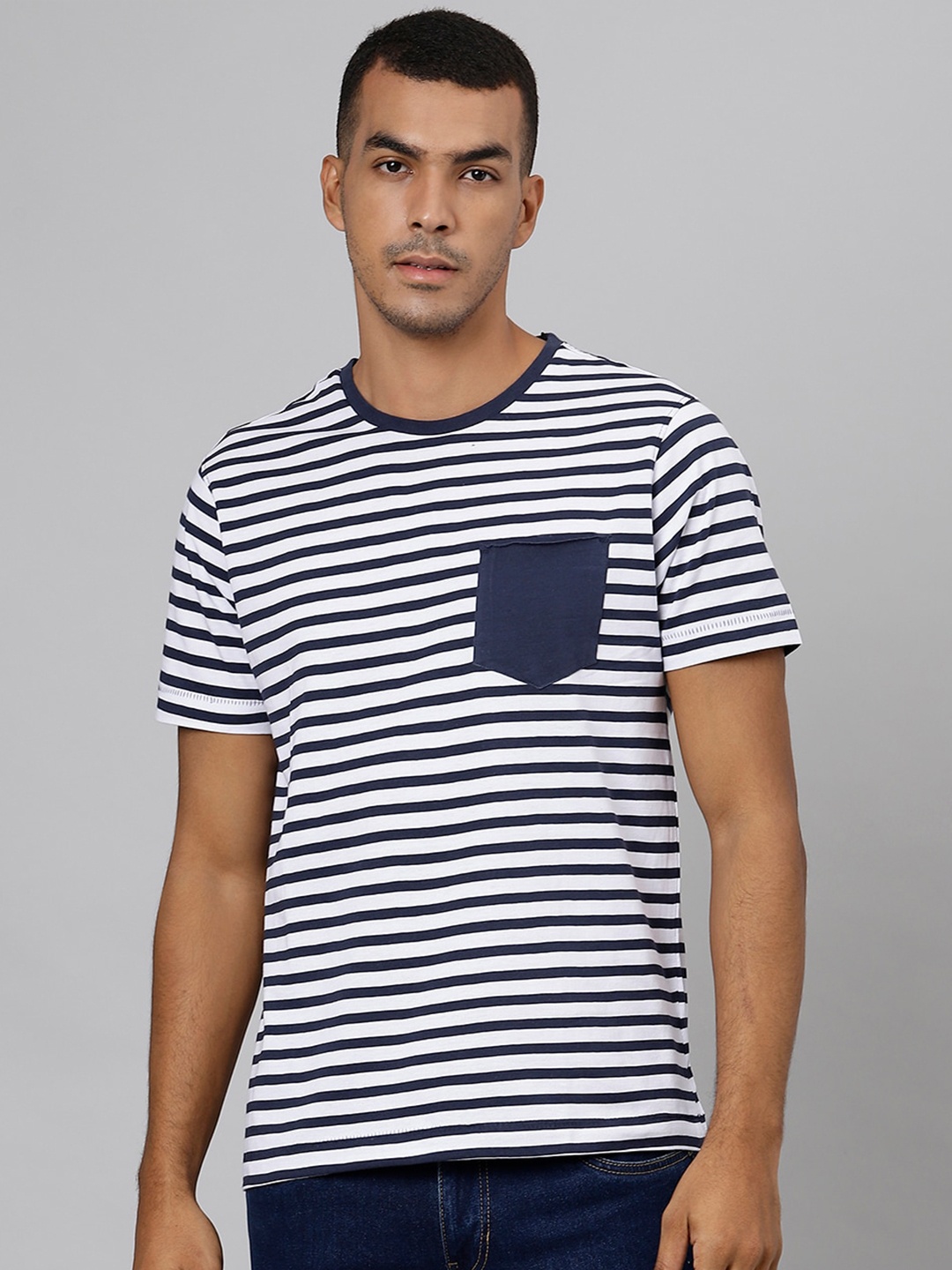 

Richlook Men Navy Blue & White Striped Slim Fit T-shirt