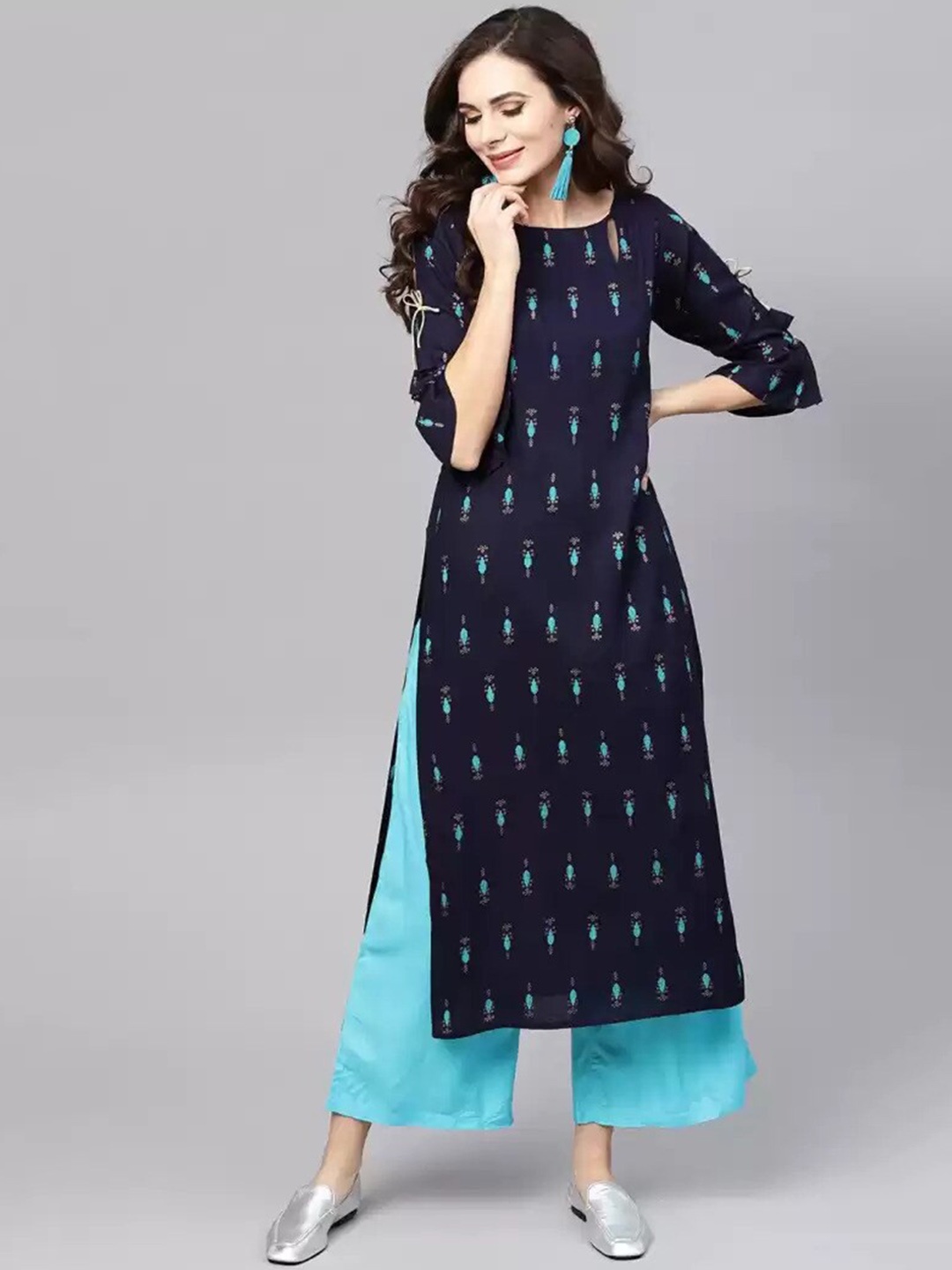 

KALINI Women Navy Blue Ethnic Motifs Printed Kurta with Trousers