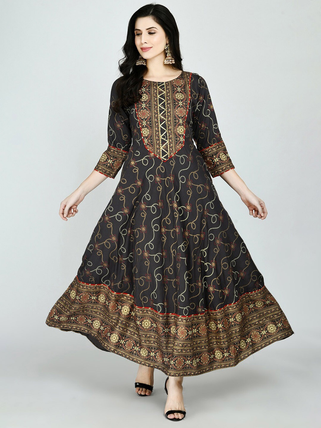 

KALINI Women Grey & Cream-Coloured Ethnic Motifs Printed Gotta Patti Anarkali Kurta