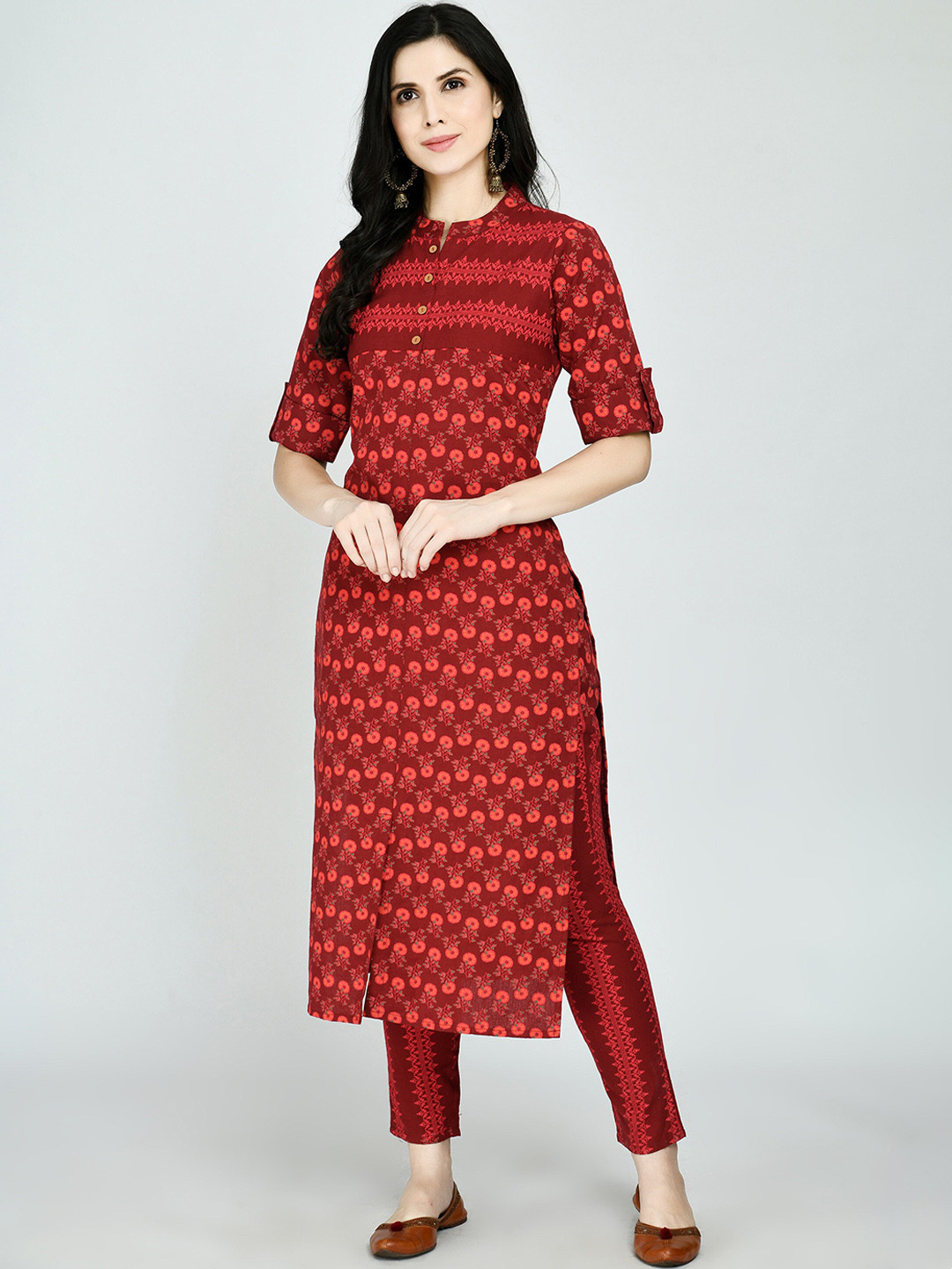 

KALINI Women Maroon Floral Printed Kurta with Trousers