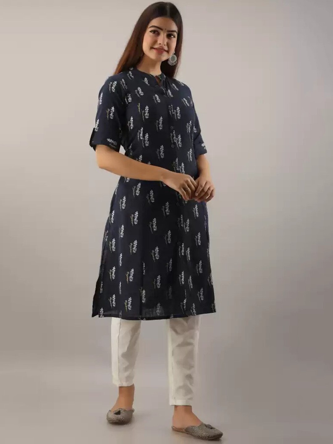 

KALINI Women Navy Blue Ethnic Motifs Embroidered Angrakha Kurti with Trousers